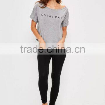 100% Cotton Pyjamas Set Grey Tee With Leggings Boat Neck Print Custom Logo Nightwear T Shirt With Roll Cuffed Sleeve photo-5
