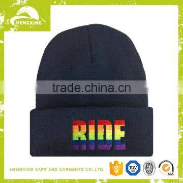 Navy stitching knitted custom acrylic beanie with logo embroidery