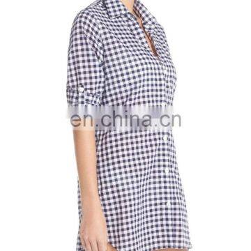 C48 Gingham Cover-Up Boyfriend Beach Shirts Women Long Sleeve