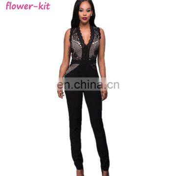 Sexy Sleeveless Deep V Neck Sequin Black Mesh Jumpsuit