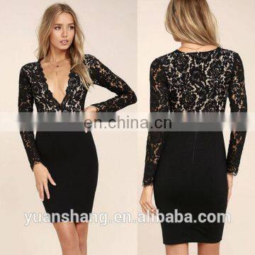 2017 black long sleeve ladies fashion lace dress designs