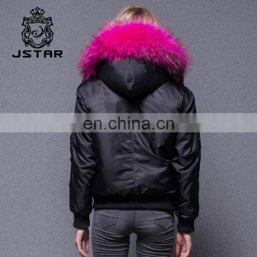 Goods in Stock 2017 New Arrive Black Bomber Jacket With Raccoon Fur Collar photo-3