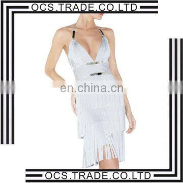 2014 best quality white backless bandage dress with tassels