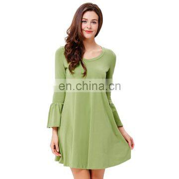 Kate Kasin Pistachio Long Bell Sleeve V-Neck Loose Cotton Casual Dress KK000499-4