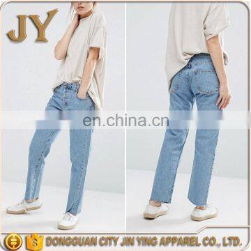 2017s Jeans Wholesale China Women Raw Hem Straight Leg Jeans Mid Blue Girl Jeans Pants