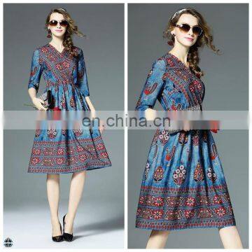 T-D081 Summer New Design Casual V-neck Chiffon Bohemia Printed Women Dress