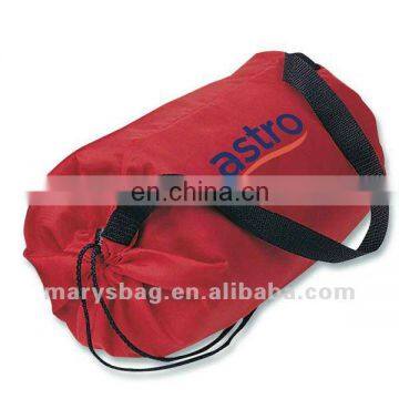 nylon bag with round fitted bottom and drawstring closure with locking toggle and black web carry strap