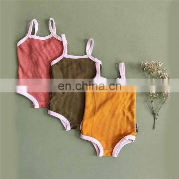 Summer Strap Draw String Organic Cotton Ribbed Newborn Clothes Baby Romper