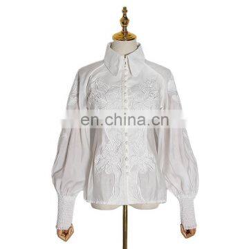 TWOTWINSTYLE Embroidery Patchwork Lapel Lantern Sleeve Shirt women 2020