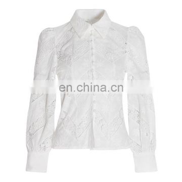 TWOTWINSTYLE  White Elegant Patchwork Lace Women's Shirts Lapel Collar Lantern Long Sleeve Slim