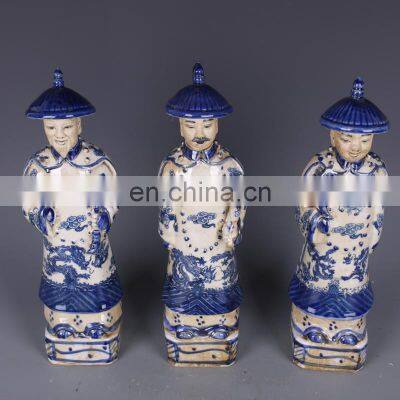 Vintage Antique Style Set of 3 Blue and White Emperors Ceramic Figurines Sculptures photo-2