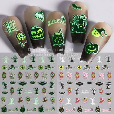 Glow in the dark nail sticker Halloween cartoon skull Spider web luminous pumpkin back glue nail sticker