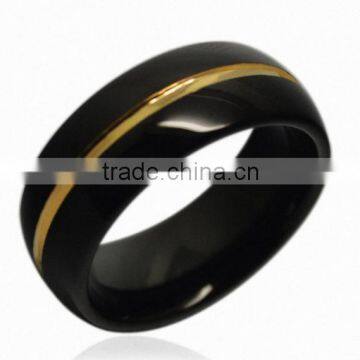 8mm Black Tungsten Carbide Domed Ring 24k Gold Plated Center Groove Men Ring