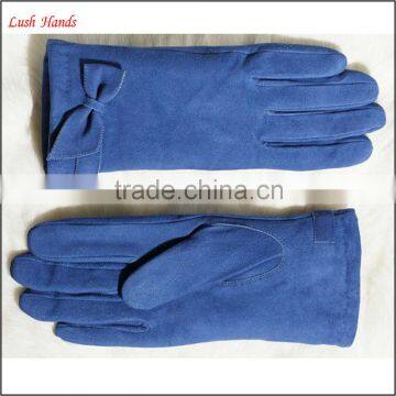 High Quality Girls in Fashion Suede Navy Blue Leather Gloves With Bow photo-3