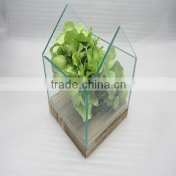 2016 new square glass vase with house concept,glass flower vase with wood base