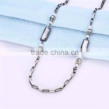 Rectangle Austrian Rhinestone Simulated Pearl Round Bead Long Figaro Chain Bamboo Necklaces & Pendants for Women Jewelry