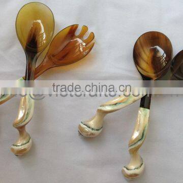 Buffalo Horn Salad Server Set With Shell Handle, 25cm Long