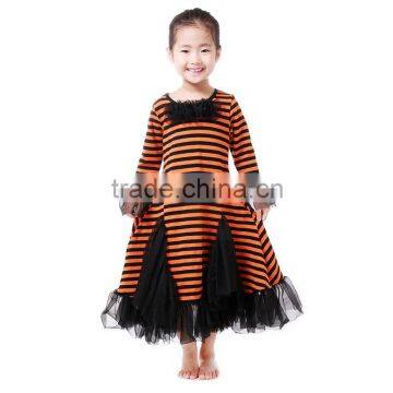 Wholesale children black and orange striped long girl dress with black chiffon ruffle Halloween costumes