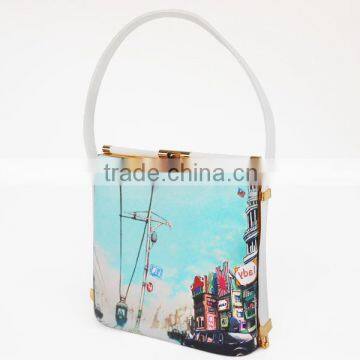 fashion PU printed women clutch bag with frame