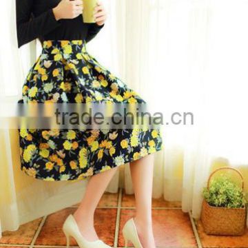 Korean Version Fashion Women High Waist Pleated Skirt A-Line Floral Skirt