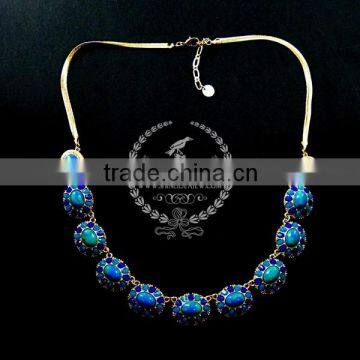 vintage blue stone arcylic antiqued gold oval charm fashion chic women statement necklace jewelry 2013 6390016