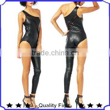 fashion stretchy faux leather jumpsuit with special design only one shoulder strap on top and one pant leg on the bottoms woman