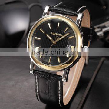 Golden Steel Case Black Dial Reloje Date Display Quartz Analog Leather Band Men Watch photo-3