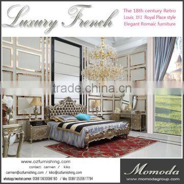 CB41Antique Royal Rococo Black Silver Glossy Neoclassic French High End Elegant Bedroom Furniture Set