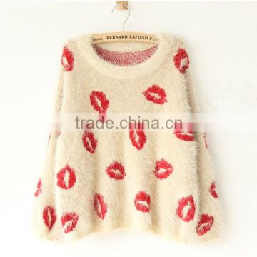 OEM ladies fashion O-neck red lip woman pullover sweater