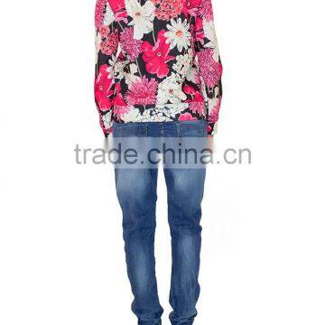 2015 New Fashion Round Neck Floral Printed Long Sleeve Polo Womens T-shirt Wholesale photo-3