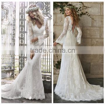 v neck lace open back backless wedding dress with long sleeves