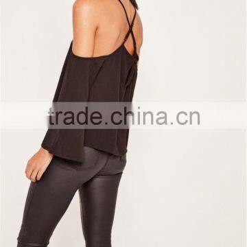 MGOO 2017 Chiffon Cold Shoulder Blouse Long Sleeves Shirts Blouses Polyester Spandex Black Loose Style photo-5