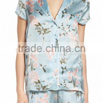 Women Floral Print Pajamas Set Short Sleeve Button Top With Shorts Satin Pattern Pyjama Set photo-3
