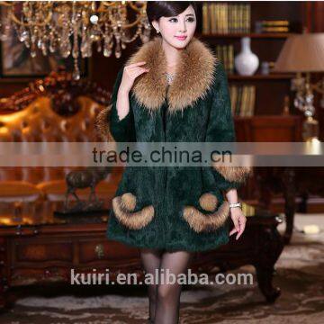 Hot Selling Korean Real Rex Rabbit Fur Coat With Raccoon Fur Collar Low Price Pc-140 photo-5