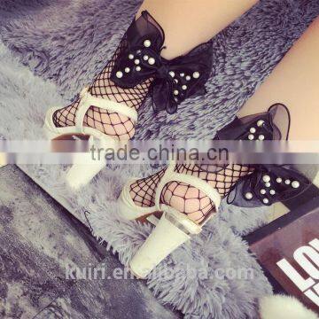 WS-36 2017New Hot Women Ruffle Large Fishnet Ankle High Socks Bow Tie Hollow Out Thin Mesh Lace Fish Net Short Socks photo-4
