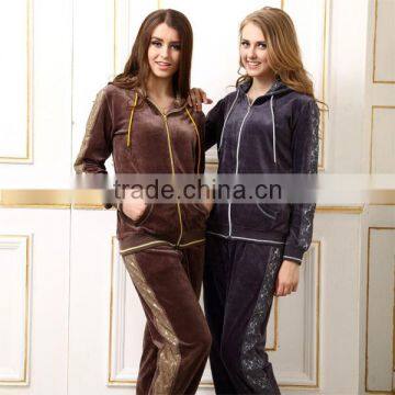 Warm winter velvet design couple pyjamas with zipper-up hoody classic family women pyjamas