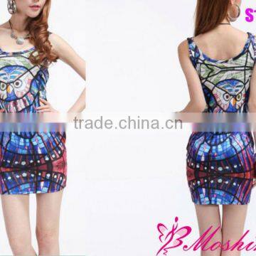 2013 New Women's Digital Printing Owl & Block Package Hip Dress