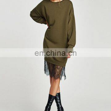 Custom Brand Fashion Women Clothing O Neck Lace Hem Hoodies Oversized Sweatshirt Dress