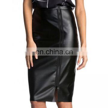 OEM Plain Dyed Front Zipper Pencil Skirt Bodycon Fashion Slit Pu Black Skirts