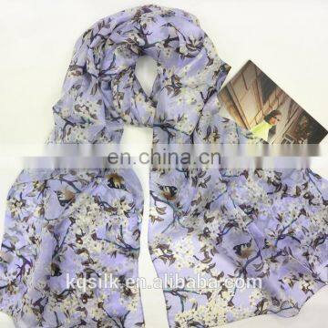 Screen print 100% pure silk paj scarves ladies with flower and birds design