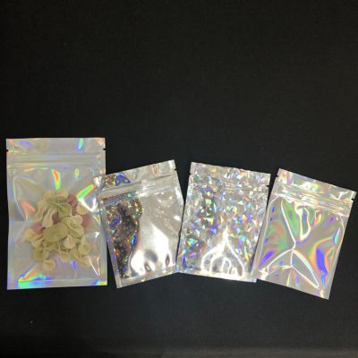 Three Side Seal Zip Lock Heat Sealing Holographic Laser Hot Sale Mylar Foil Lined Tobacco Childproof Bag With Clear Window