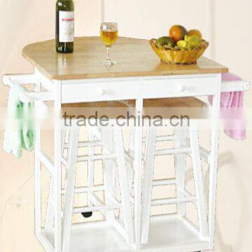 folding kitchen cart with pine wood top, two chair