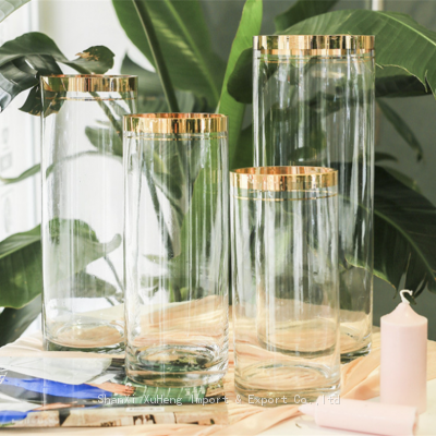 Gold Rim Transparent Glass Vases Cylinder Shape Wedding Glass Vases Home Decoration