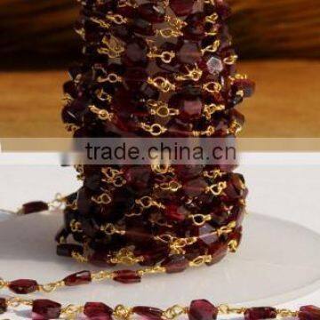 10 Feet Faceted Hexagon Shape Garnet Rosary Style Beaded Chain, Gold Plated Wire Wrapped Chain, Handmade Beaded Chain