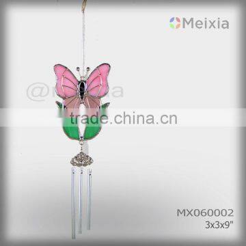 MX060002 wholesale mini wind bell with tiffany style stained glass butterfly decoration and metal wind bell pipe