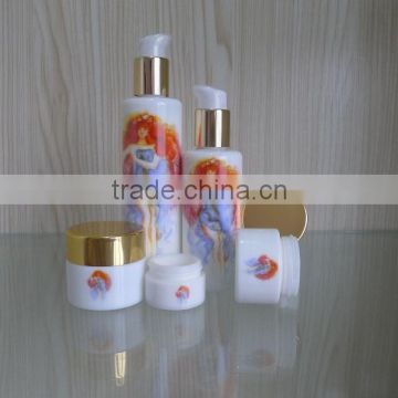 White jade Glass Cosmetic Cream Jar and bottle with pump BYM