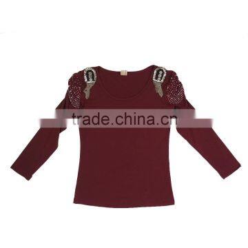 2015 Fall Long Sleeves Sequins Patch Ladies Tee