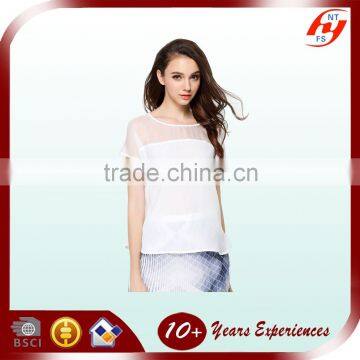 2016 High Quality Elegant Customized OEM Short Sleeve Design Round Neck Blouse Woman Body Fit Shirt