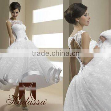 French designe Tea Lenth Wedding Dress lace high quality mesh with cristal brosh