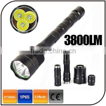 Waterproof extend tube 3pc xml t6 led high power rechargeable led 3800 lumen flashlight